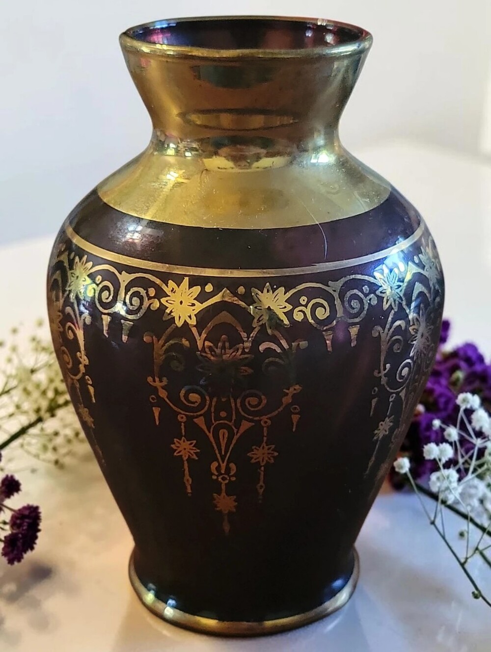 Vtg 90's Vase VECCHIA MURANO Amethyst Blown Glass 24Kt Gold Overlay Venice Italy